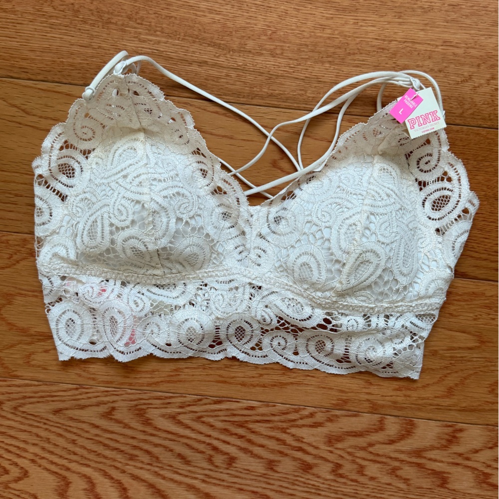 PINK Victoria’s Secret white lace bralette nwt size large strappy back